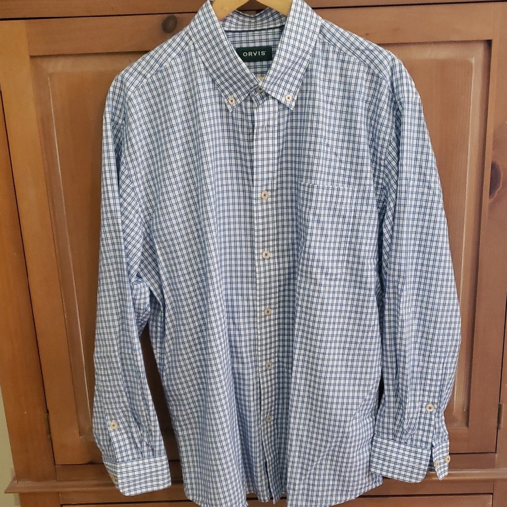 Orvis Men's Blue and White Plaid Shirt